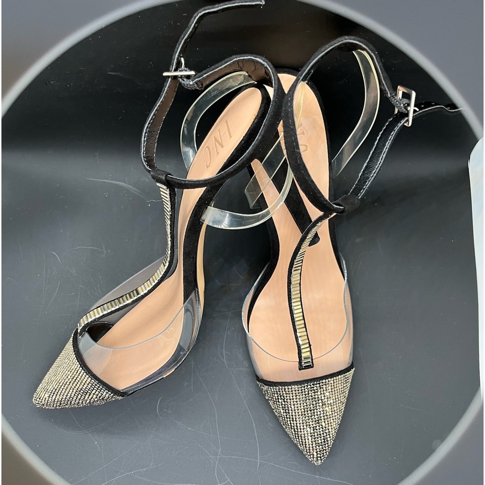 Nwot Inc. sz. 10M. 3 in.  Heels gold/black suede heels plastic/suede straps.box